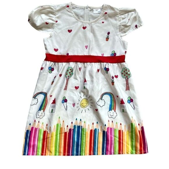 Youth Girls School Days Colored Pencil Pattern Cool Short Sleeve Dress - Sz 8 - Picture 2 of 2